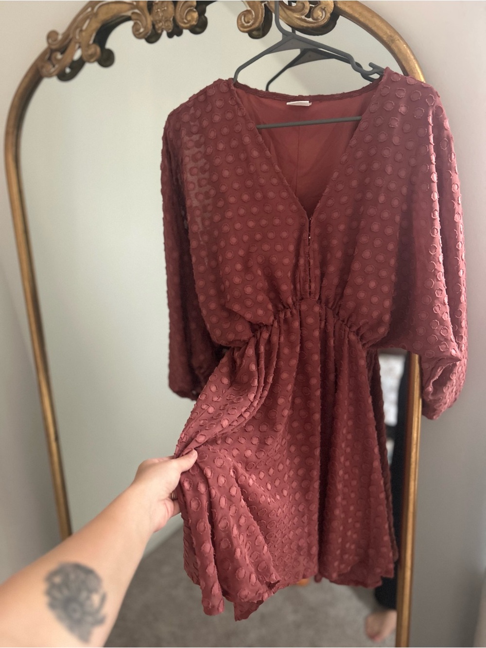 By Together Rust Textured V-Neck Dot Dress